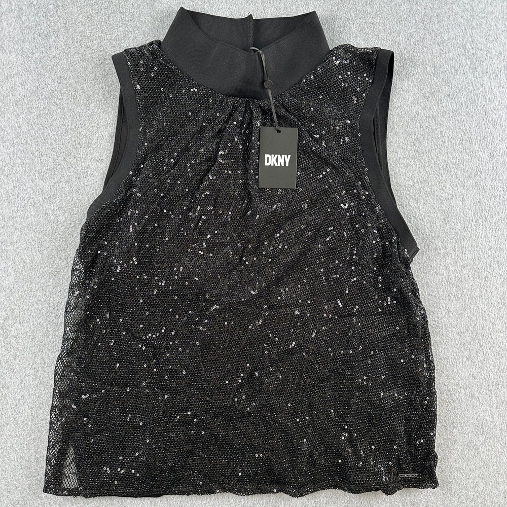 NEW DKNY Top Women's XL Black Sequined Mesh Mock Neck Sleeveless Blouse NWT